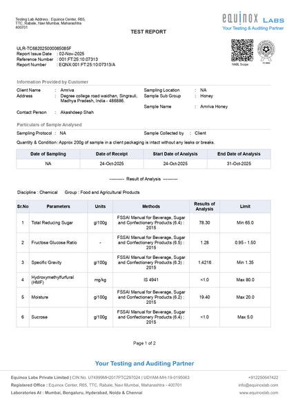 AMRIVA 100% Pure Raw Organic Honey –  500ml